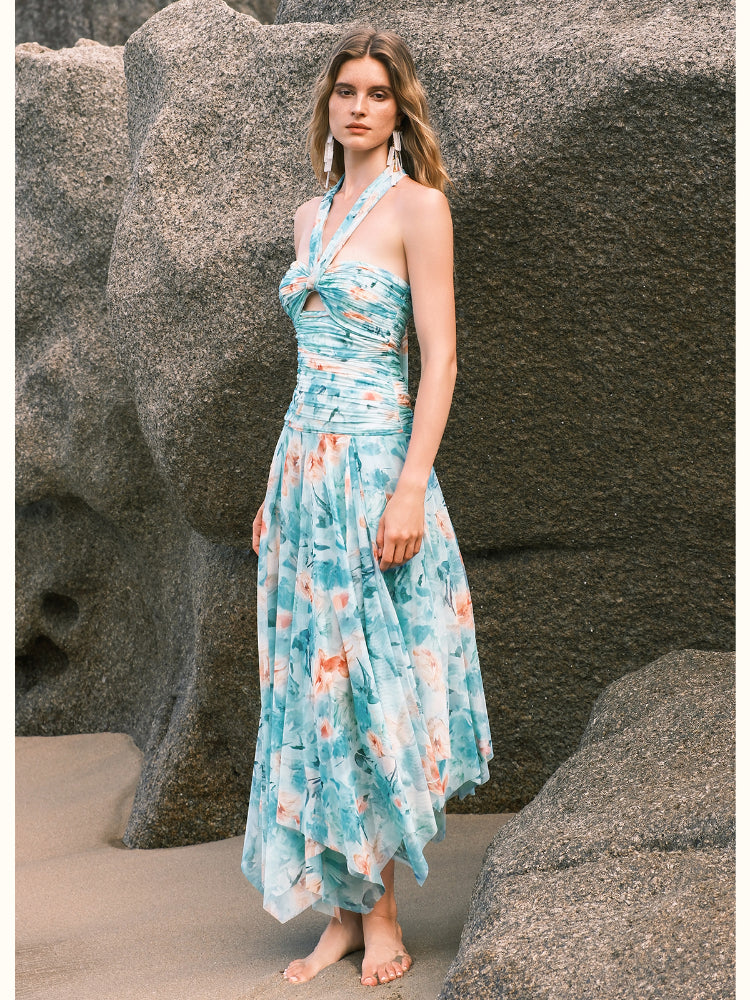 Evelyn Floral Ribbon Neckline Hollow-out Dress - CHINASQUAD