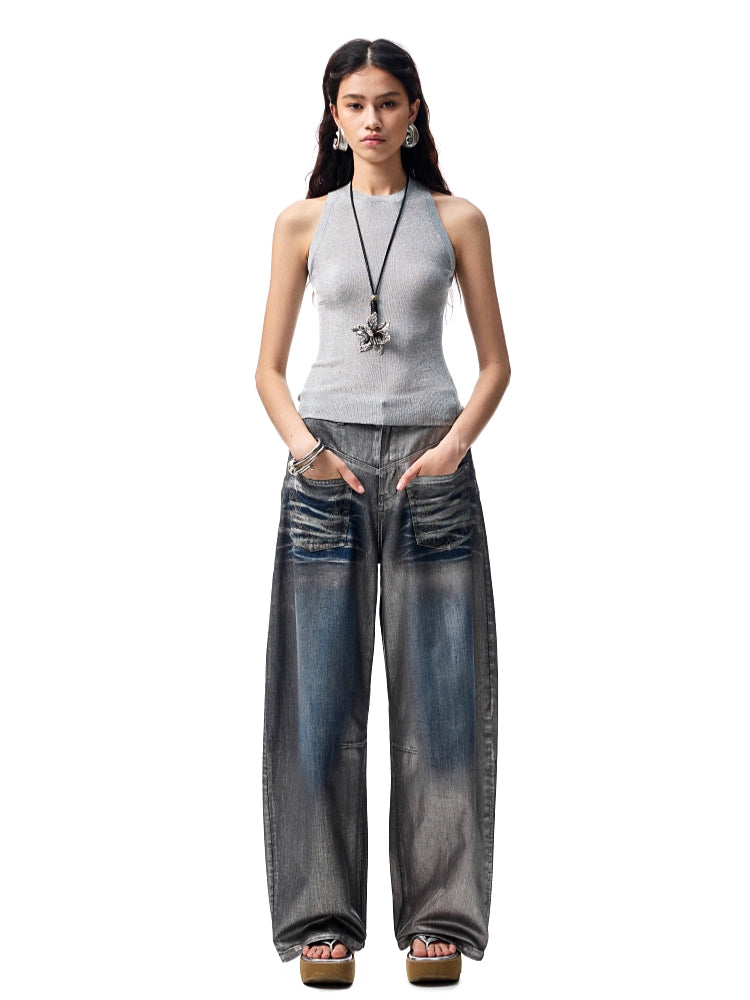 Silver-Foil Embroidered Straight-Leg Denim Curved Pants - CHINASQUAD