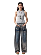 Silver-Foil Embroidered Straight-Leg Denim Curved Pants - CHINASQUAD