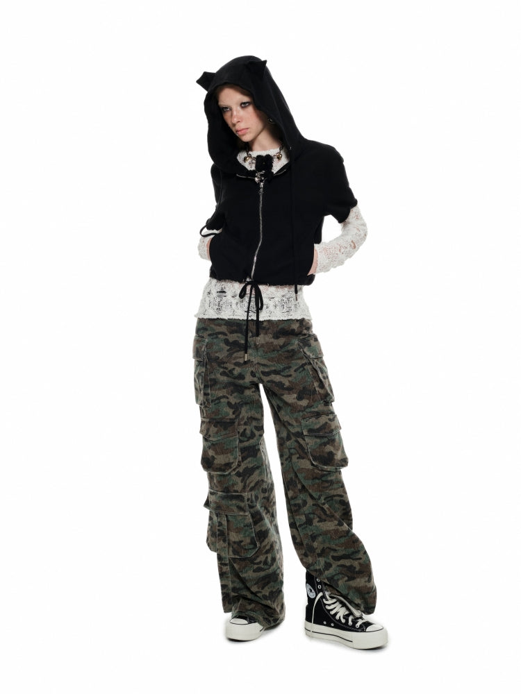 Black & White Cat-ear Short-sleeve Hoodie - CHINASQUAD