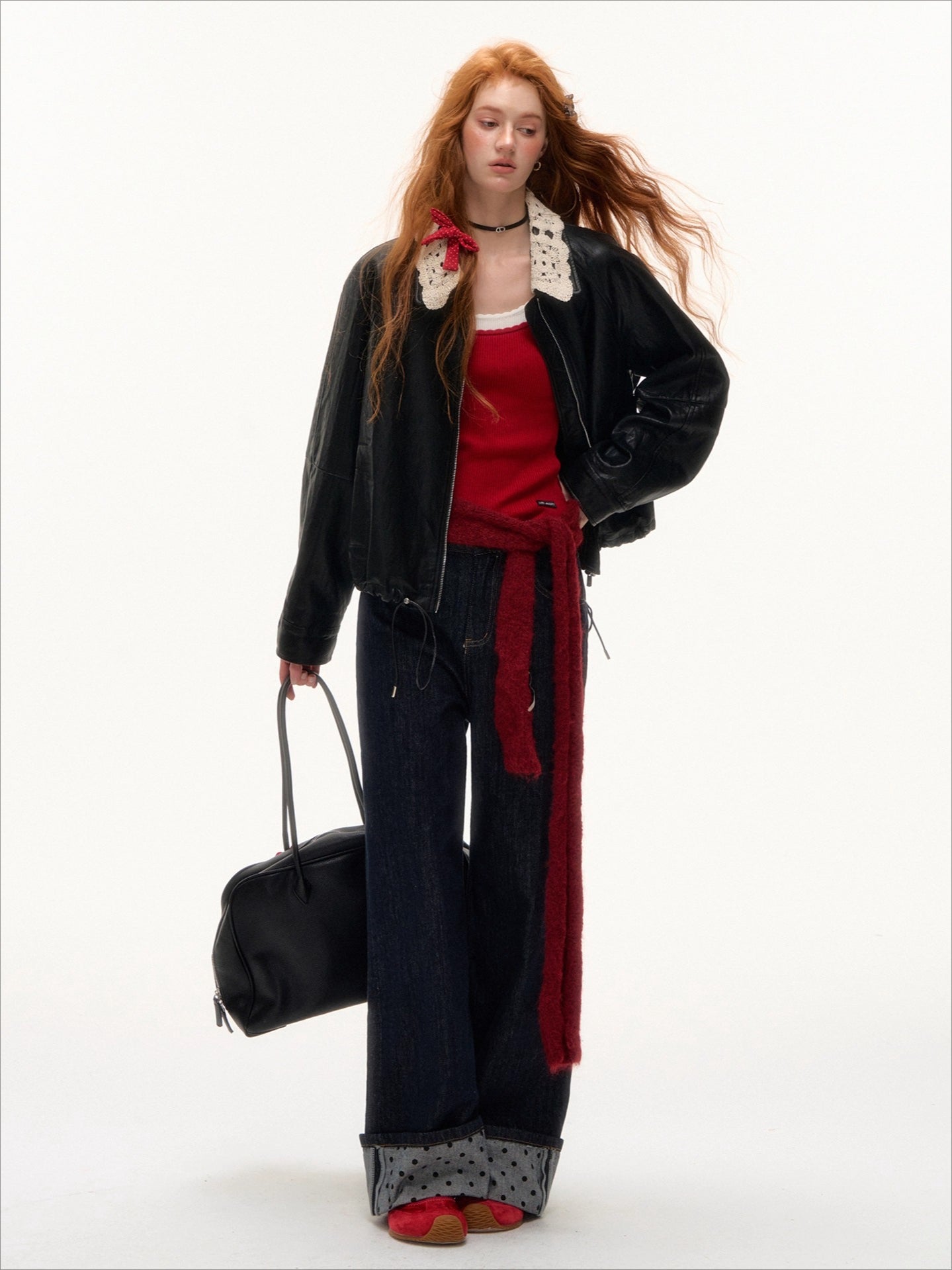 Contrast Cuff Polka Dot Denim Straight-Leg Jeans - CHINASQUAD