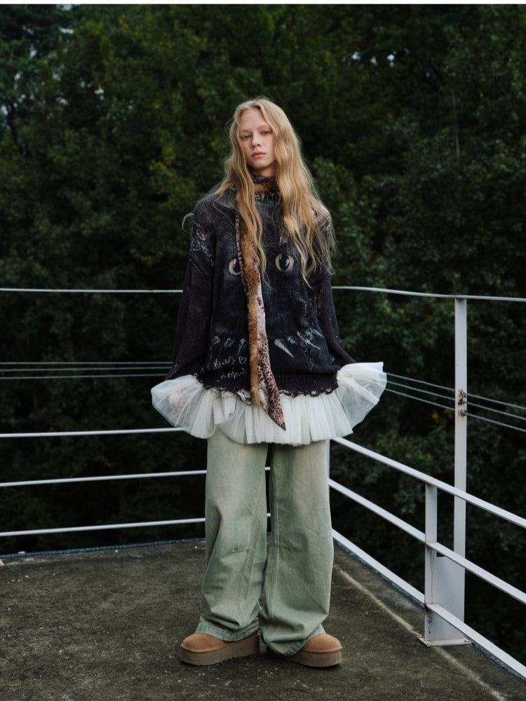 Cat Print Distressed Knit Sweater - CHINASQUAD