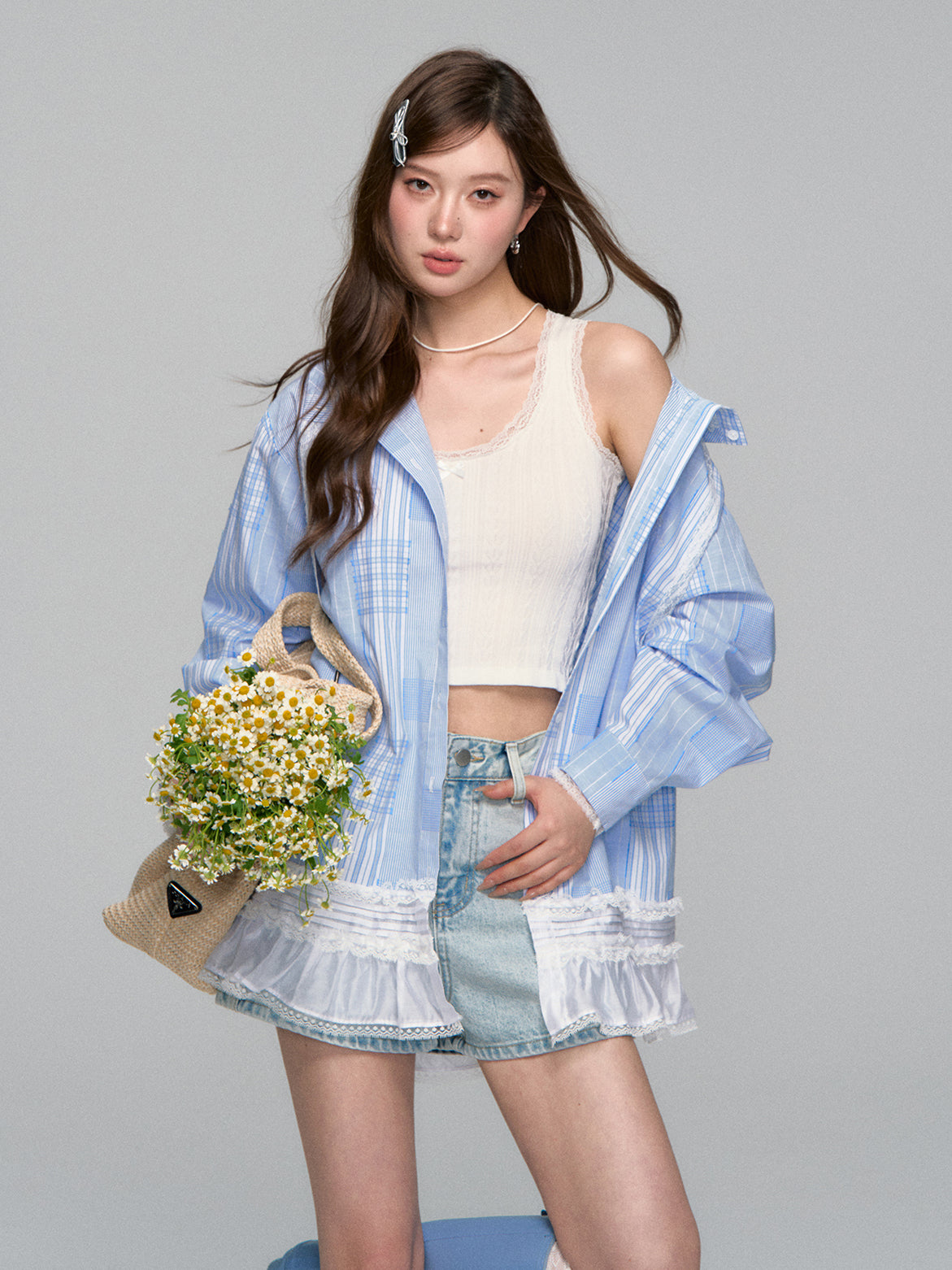 Plaid Lace-Trimmed Hooded Shirt Jacket