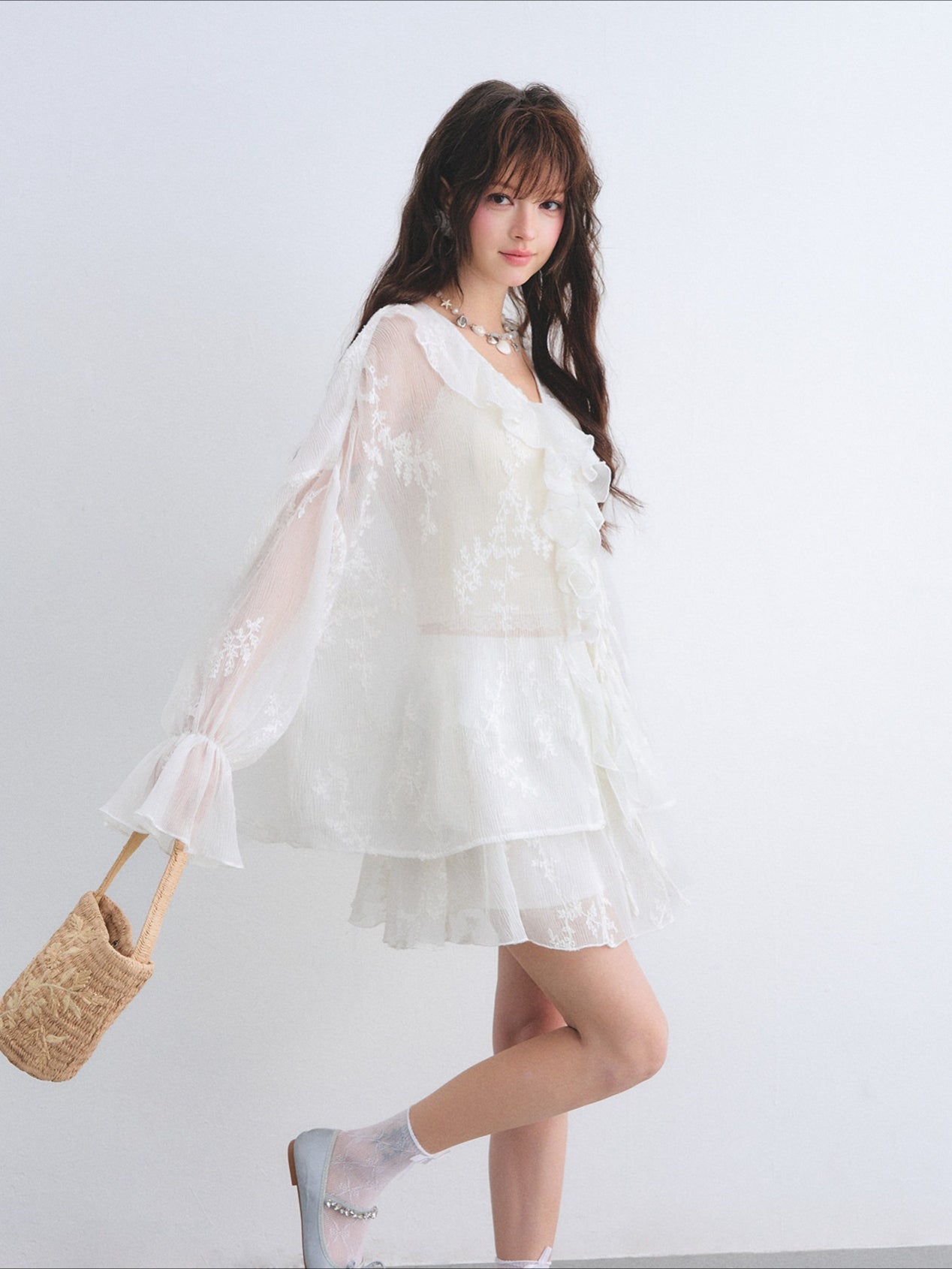 Embroidered Ruffle Chiffon Shirt & Tiered Skirt Set