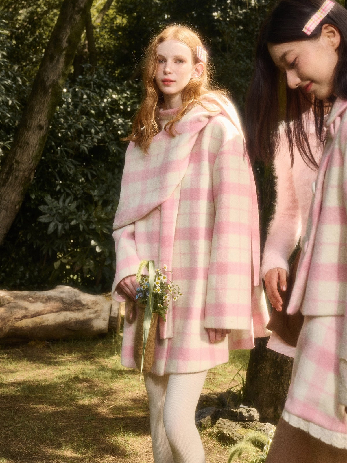 Baby Pink Raspberry Check Wool-Like Cape Coat