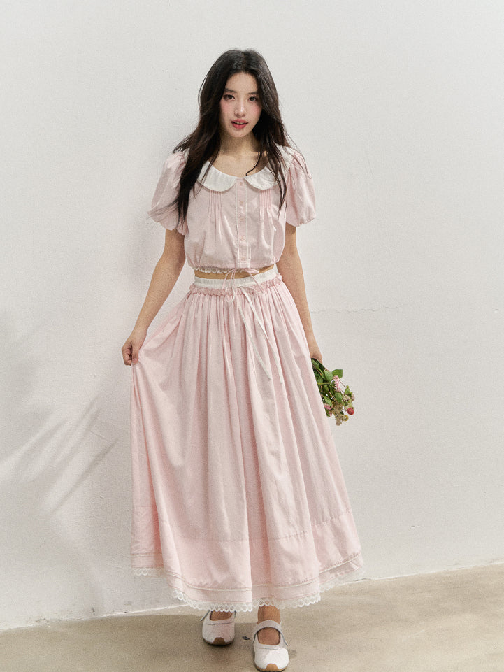 Pink Doll Collar Cropped Shirt & Skirt Set - CHINASQUAD