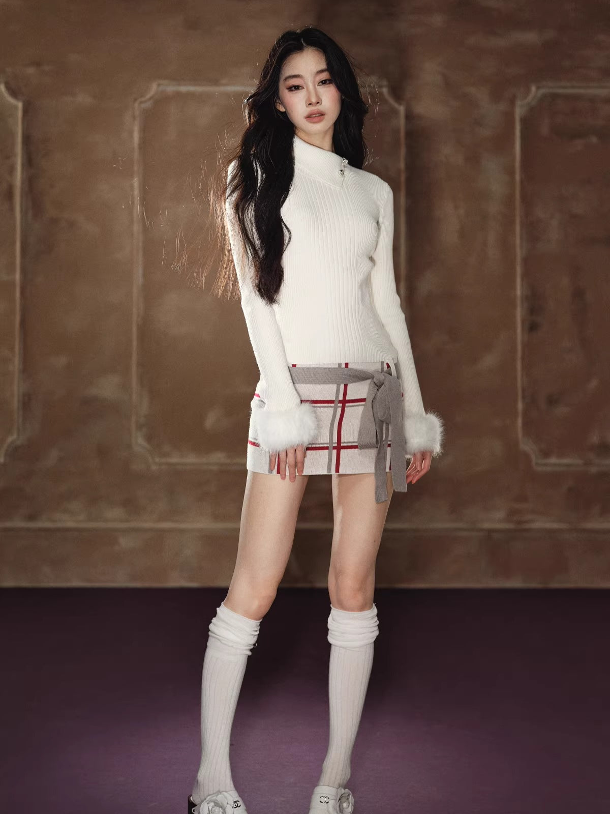 Faux-Fur Turtleneck Belted Slim-Fit Dress