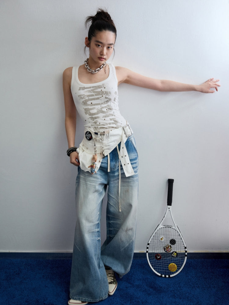 Light Blue Mud-Dyed Badge Wide-Leg Jeans - CHINASQUAD