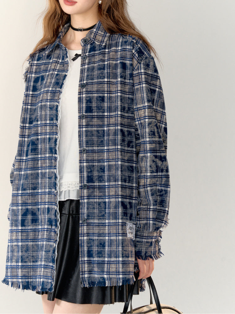 Lace-Trimmed Brushed Plaid Shirt - CHINASQUAD