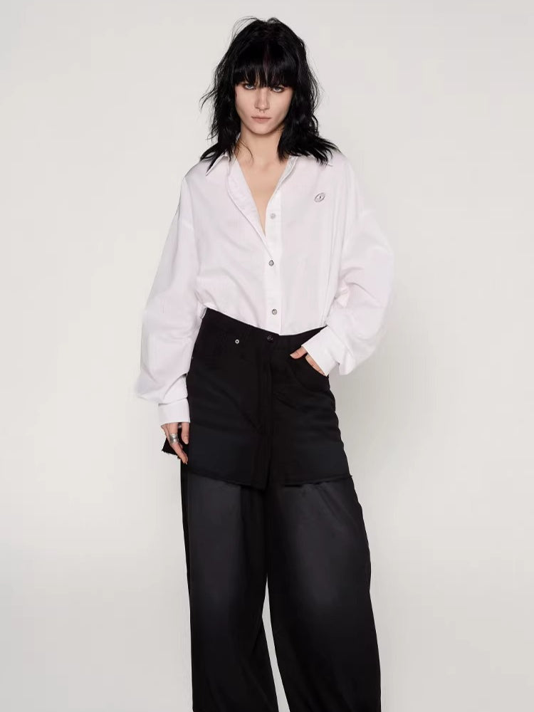 Washed Patchwork Faux Two-Piece Shirt Dress