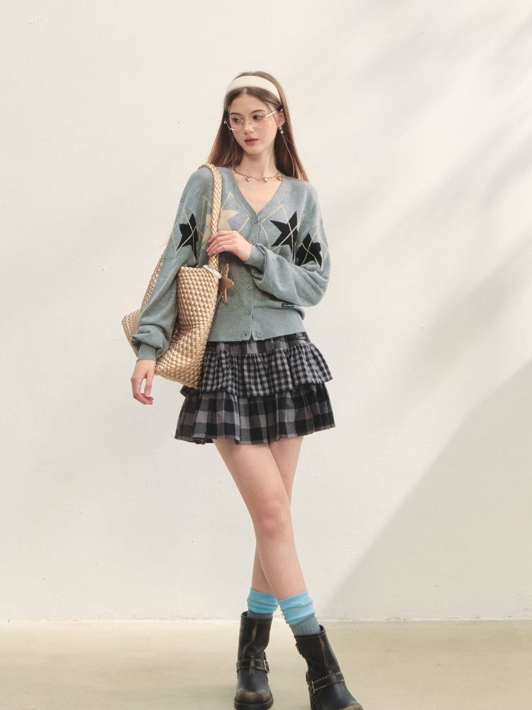 Single-breasted Star Argyle Knit Cardigan - CHINASQUAD