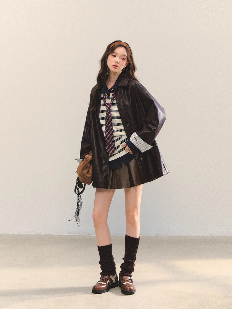 Coffee A-Line Belted Pleated Leather Skirt