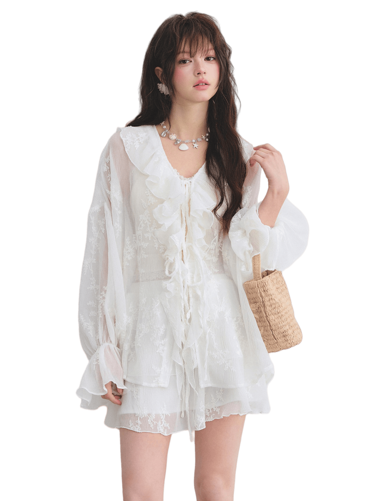 Embroidered Ruffle Chiffon Shirt & Tiered Skirt Set