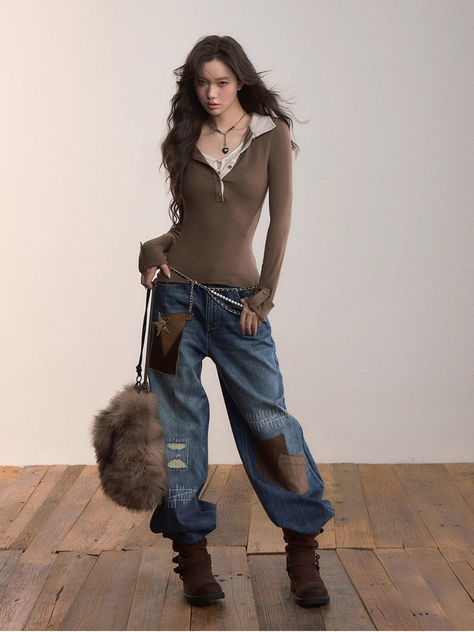 Nomad Patchwork Contrast Denim Jeans - CHINASQUAD