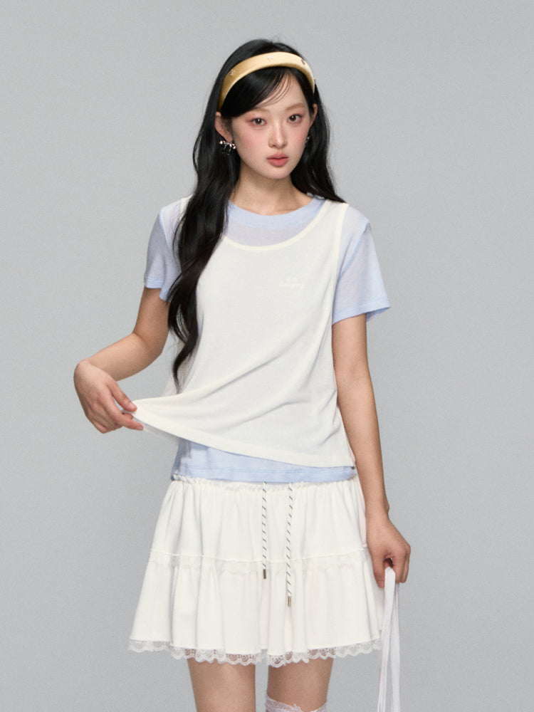 High-waisted Drawstring Lace-spliced Tiered Skirt - CHINASQUAD