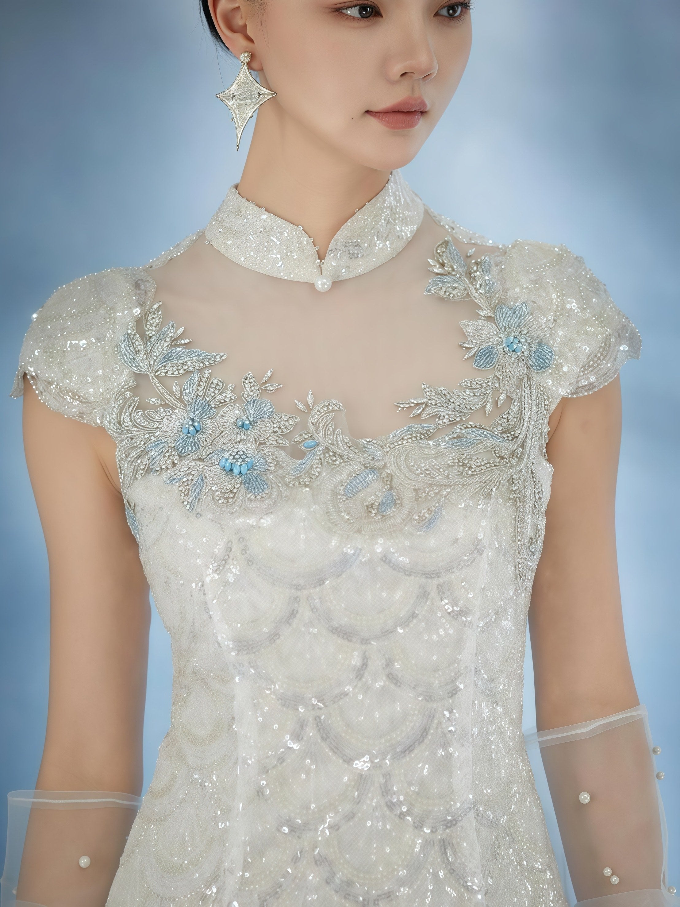 Ivory Embroidered Sheer Panel Mandarin Collar Mini Dress