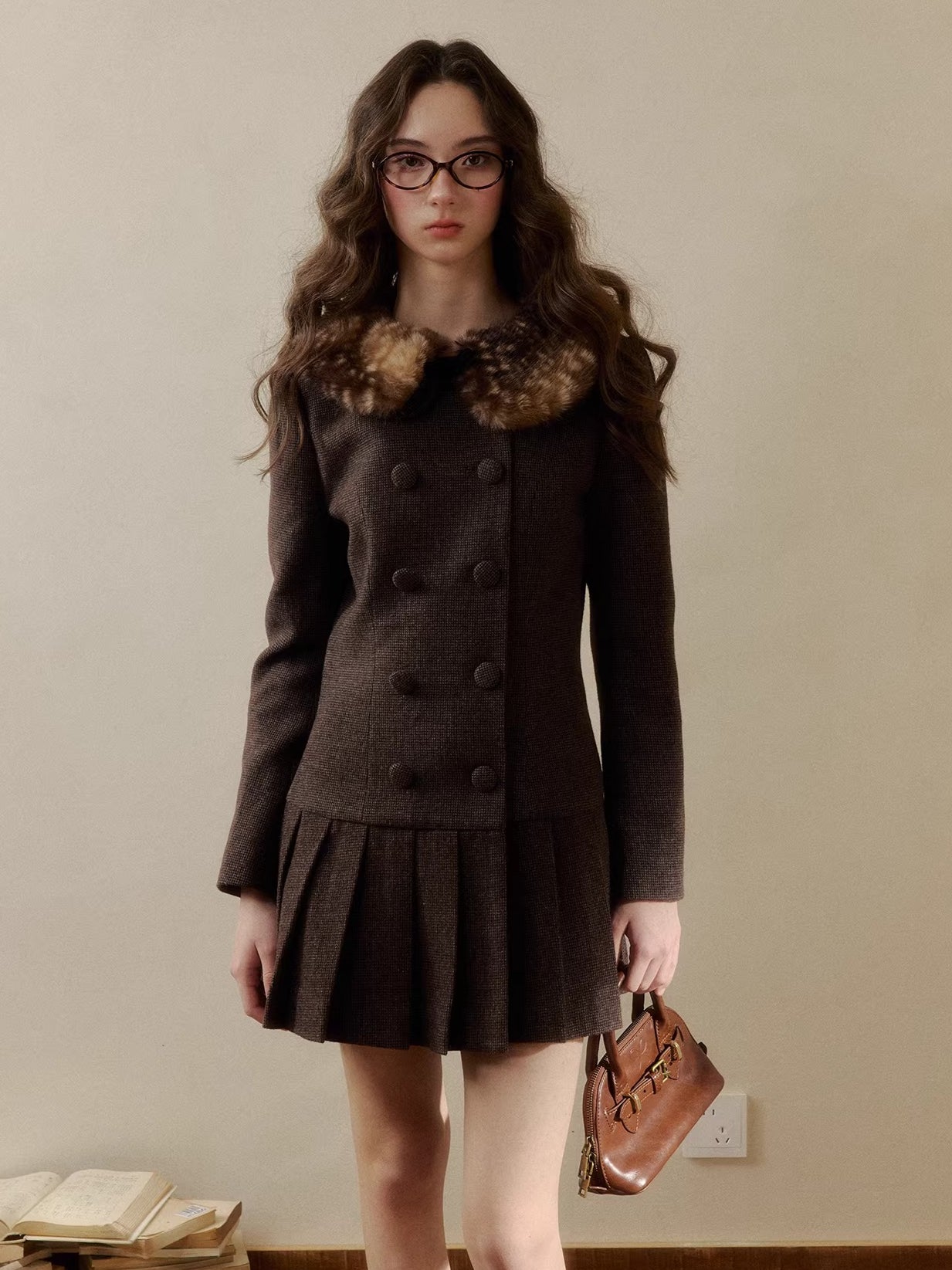 Vintage Preppy Doll-Collar Houndstooth Pleated Dress