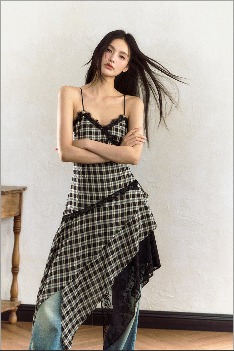 Black & White Plaid Lace Splicing Suspender Midi Dress - CHINASQUAD