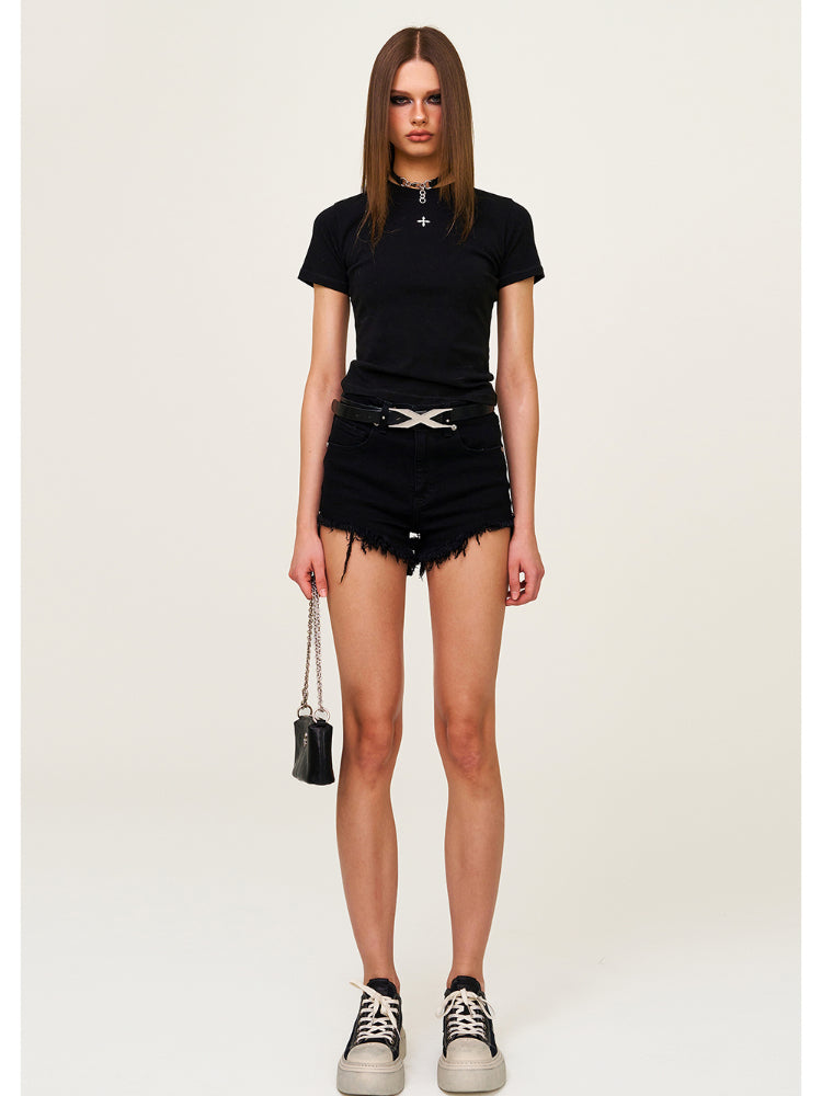 Waist-Cinching Embroidered Round-Neck T-Shirt - CHINASQUAD