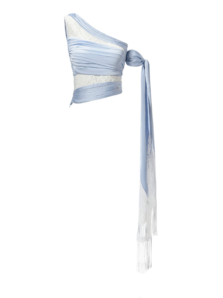 Lace-Paneled Off-Shoulder Spaghetti Strap Crop Top - CHINASQUAD