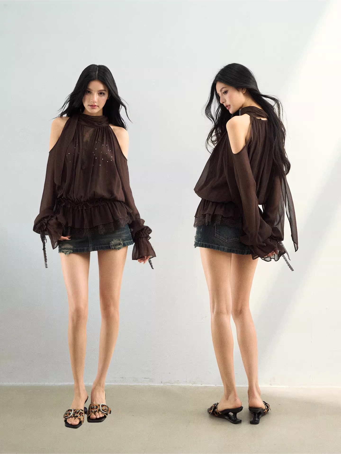 Rhinestone Sheer Chiffon Blouse