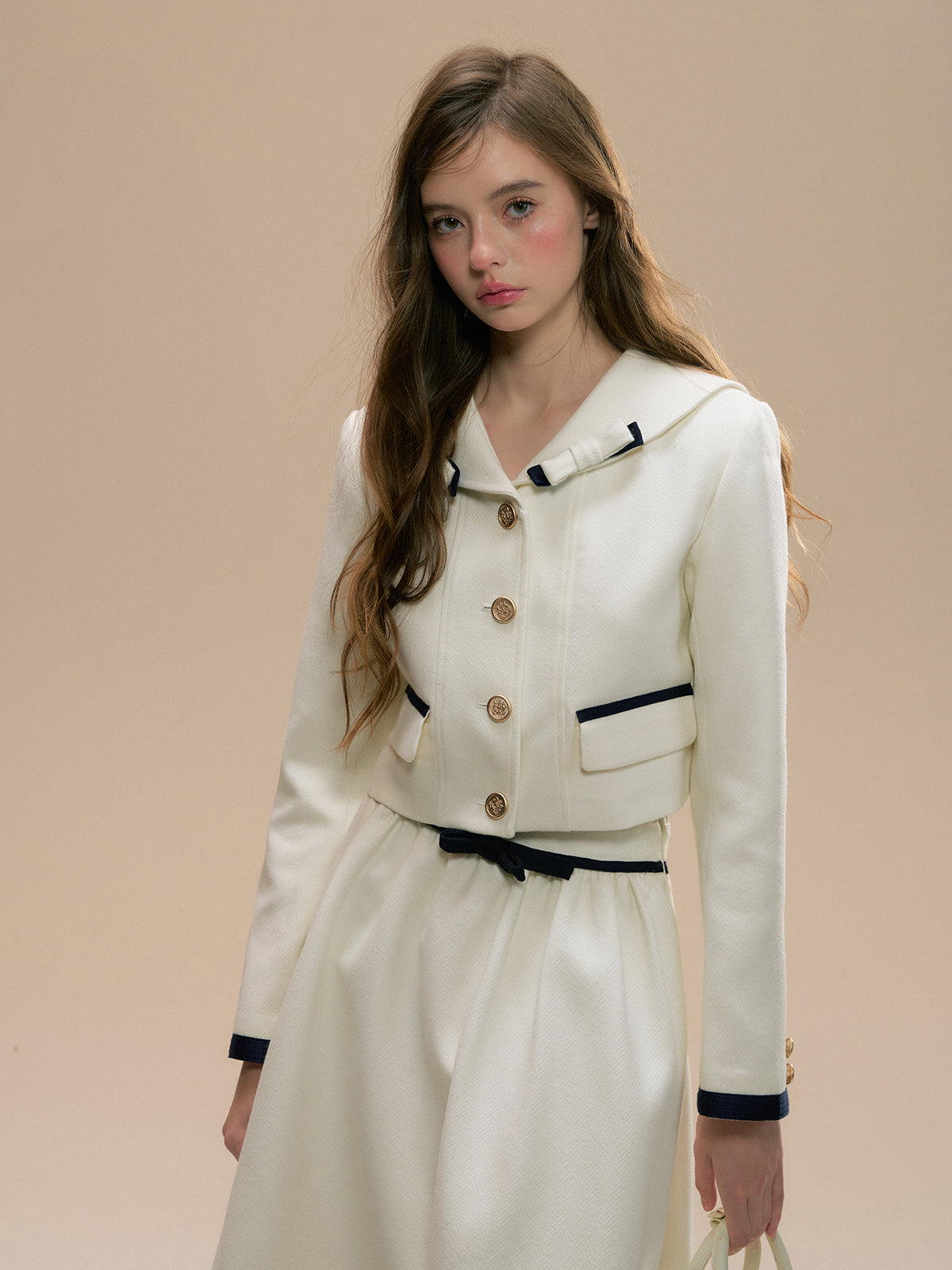 Off-White Navy Collar Wool Jacket Set - CHINASQUAD