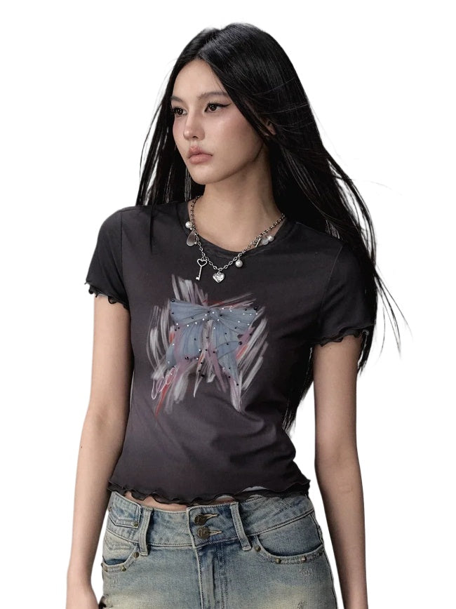 Pink & Black Bow Print Round Neck Short Sleeve - CHINASQUAD