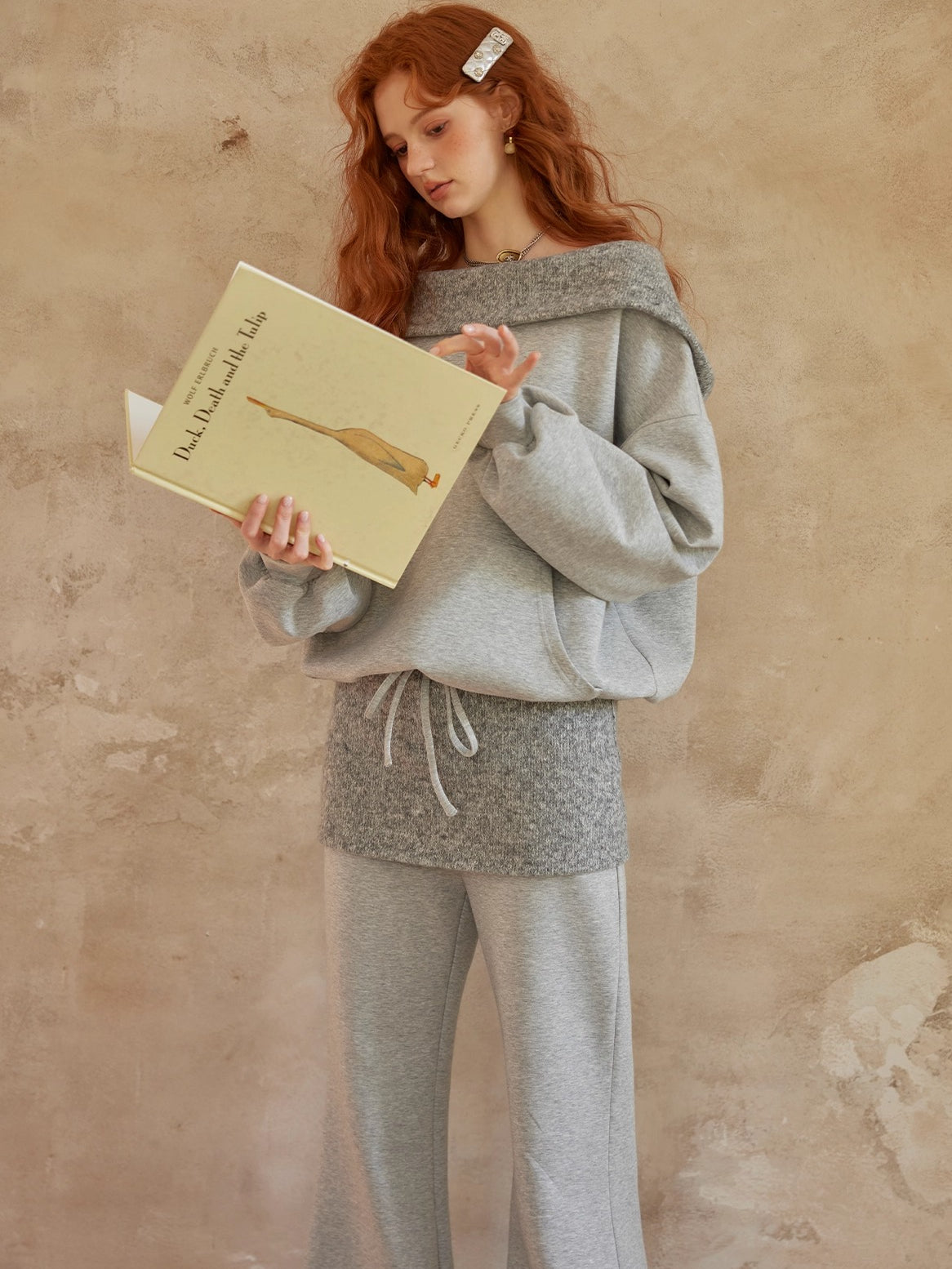 Grey Off-Shoulder Sweatshirt & Flared Pants Two-Piece Set