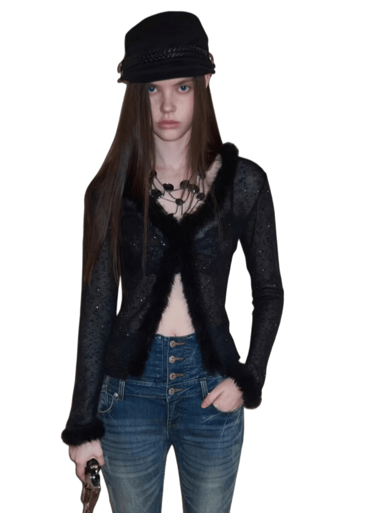 Sequin Knit Patchwork V-Neck Cardigan