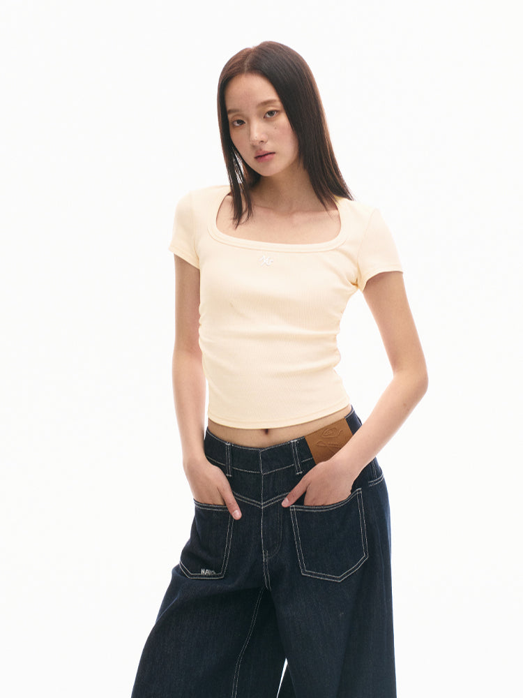 Ice Silk Ribbed Waist Cinching Round Corner T-Shirt - CHINASQUAD