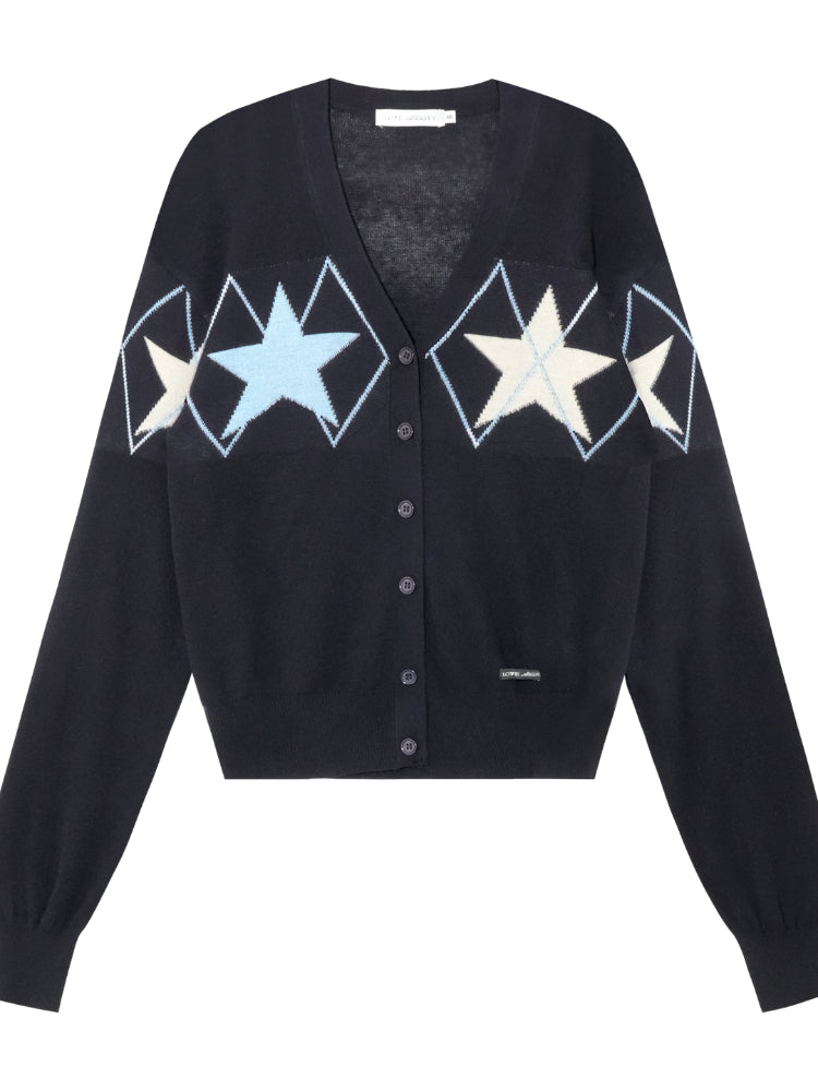 Single-breasted Star Argyle Knit Cardigan - CHINASQUAD