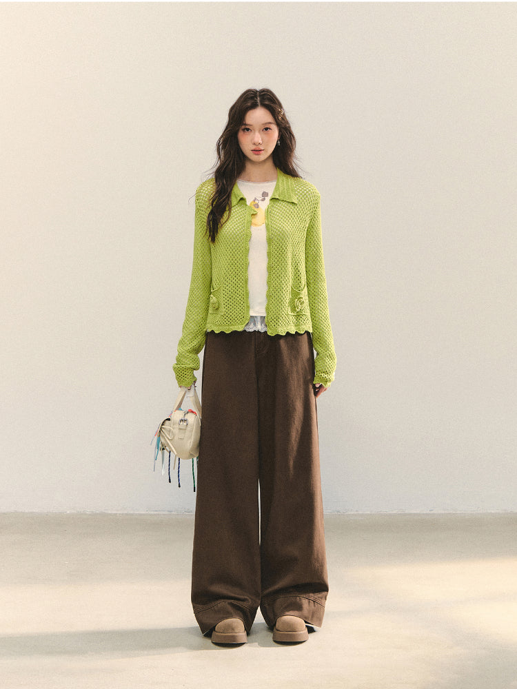 Hollow-out 3D Flower Crochet Lapel Cardigan - CHINASQUAD