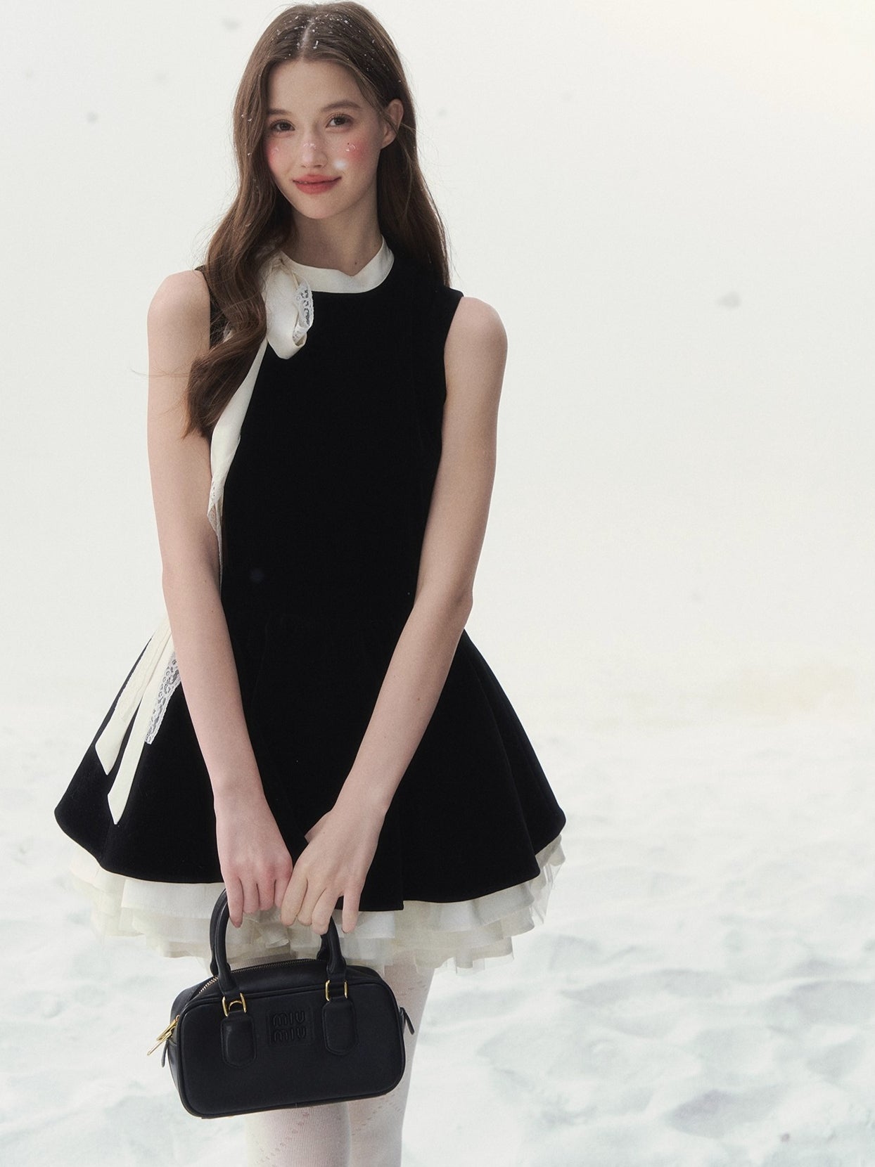 Piano-Key Bow Puff Mini Dress