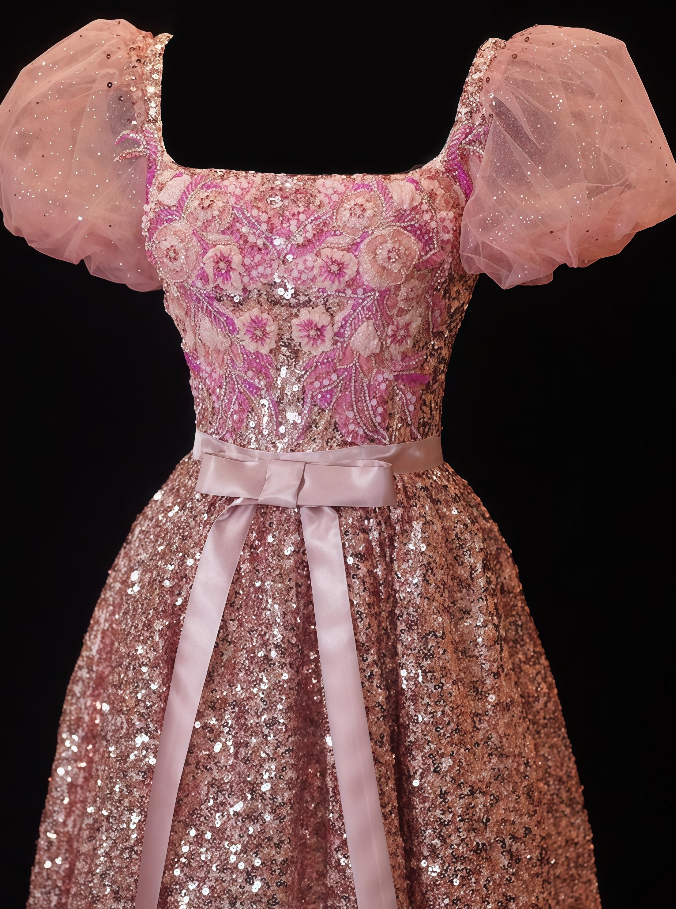 Rose Gold Embellished Puff Sleeve Ball Gown