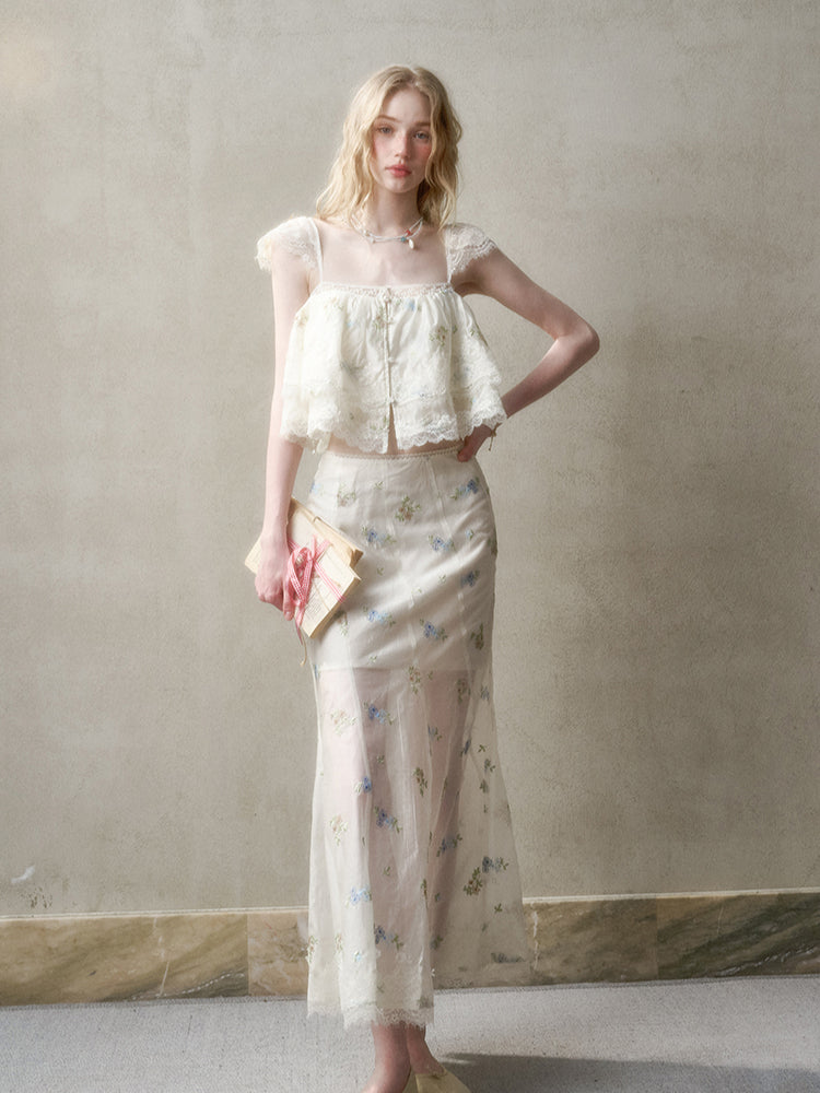 Lace Embroidery Flower French - Style Shirt & Skirt Set - CHINASQUAD