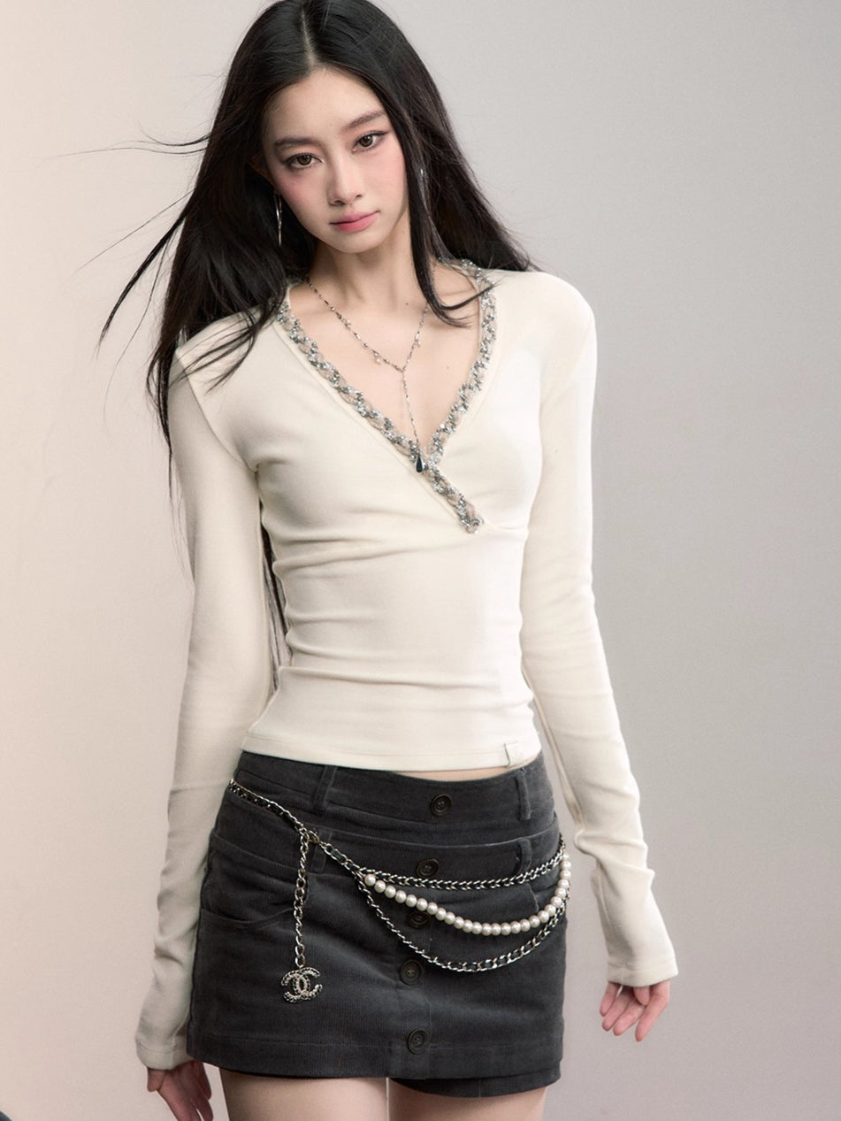 V-Neck Panelled Knit Long-Sleeve T-Shirt