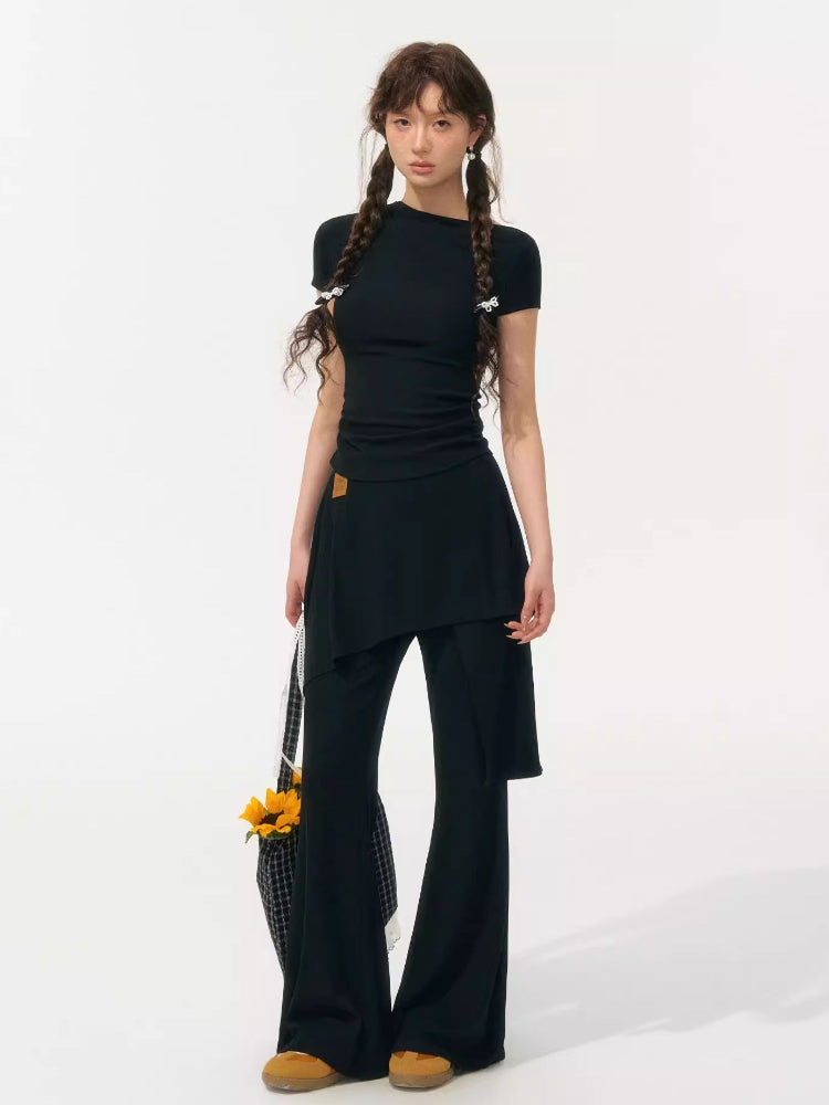One Shoulder Irregular Slanted Pleat T-shirt & Pants Set - CHINASQUAD