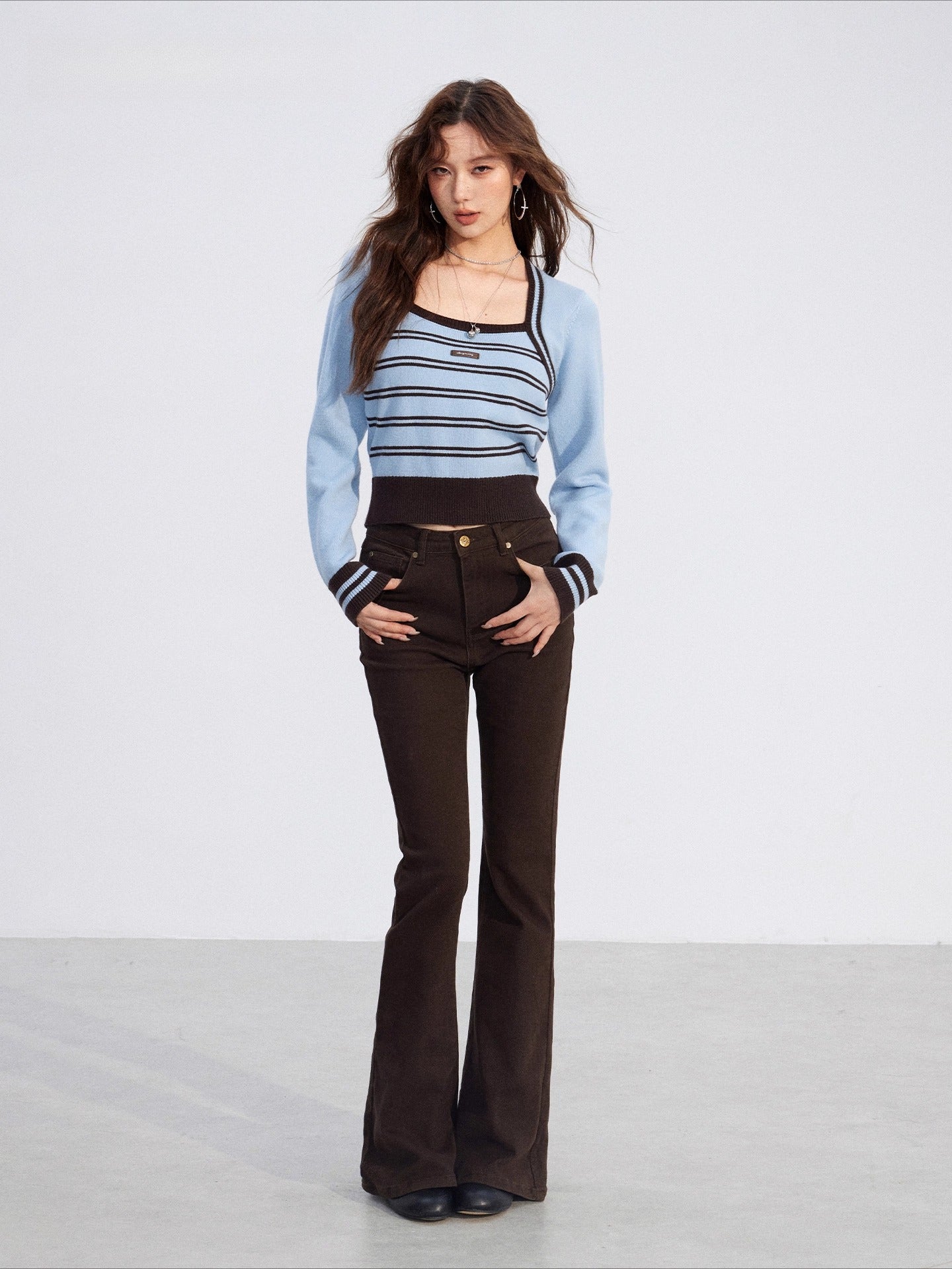 Vintage Square-Neck Layered Knit Blouse