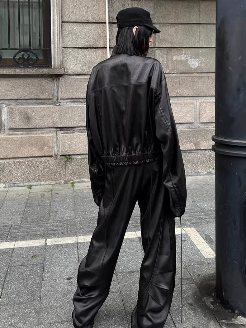 Leather-Texture Athletic Zip Jacket