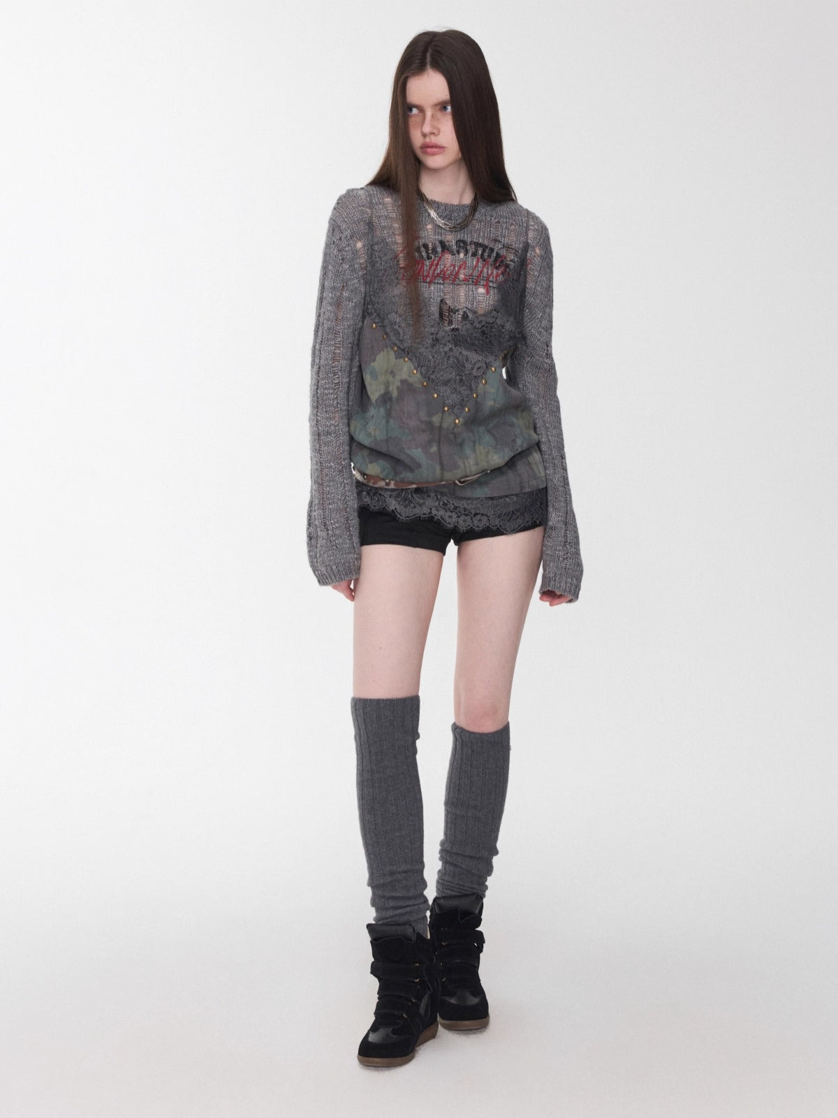 Camouflage V-Neck Lace-Trim Rhinestone Camisole - CHINASQUAD