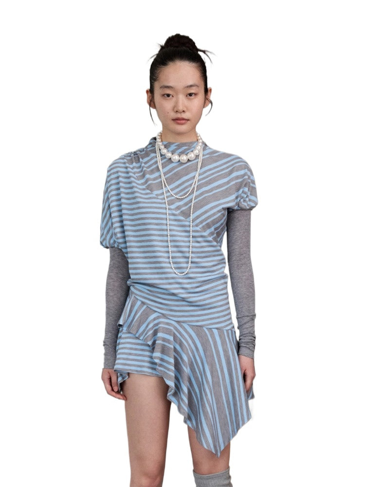 Blue-Gray Striped Irregular Patchwork Dress - CHINASQUAD