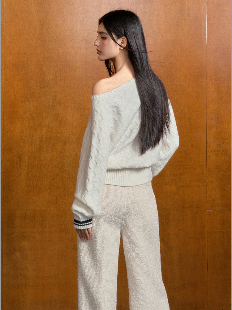 Off-Shoulder Asymmetrical Diamond Knit Sweater & Shawl Set - CHINASQUAD