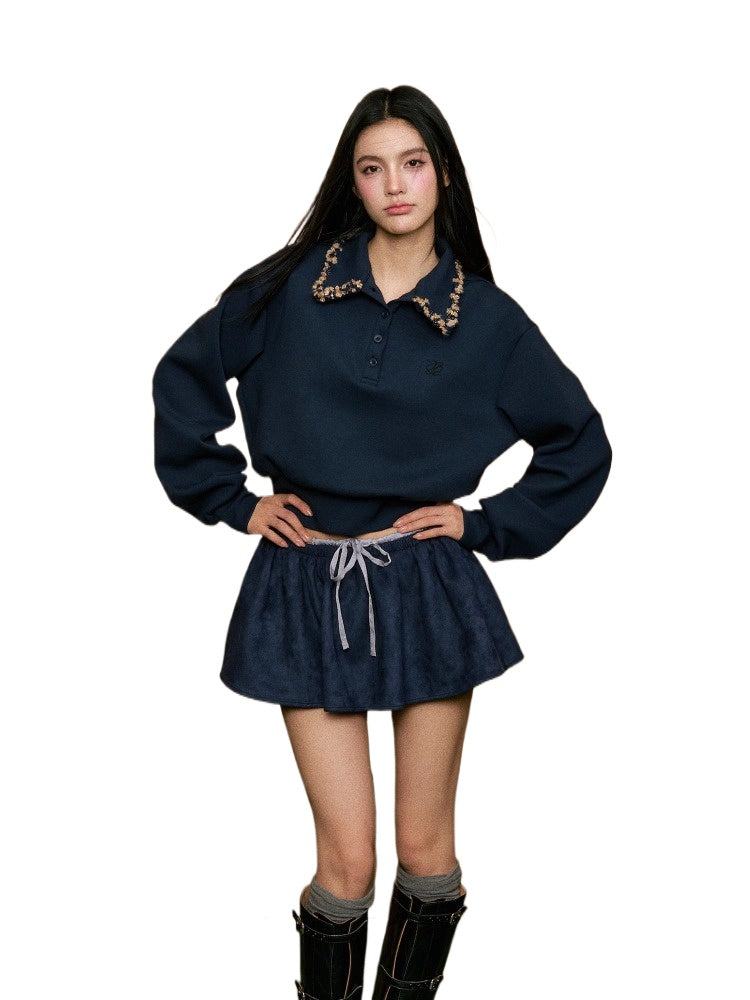 Knit Striped Collar Polo Sweatshirt & Skirt Set - CHINASQUAD