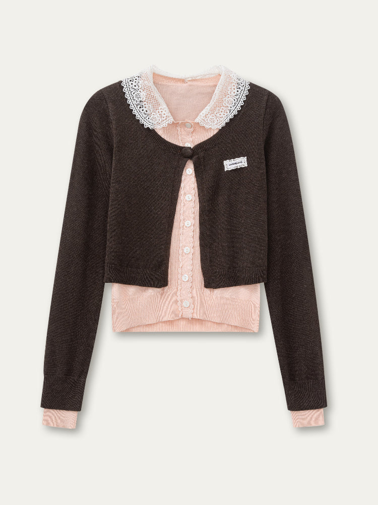 Lace Collar Fake Two-piece Cardigan - CHINASQUAD