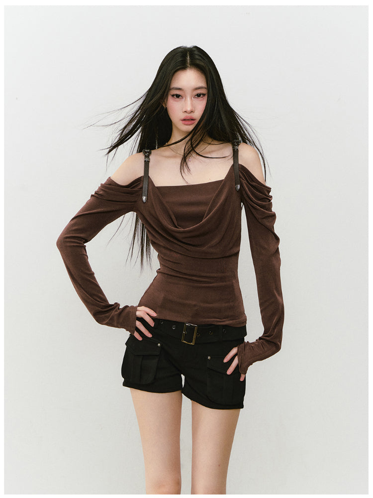 Draped Neck Leather Strap Acetate One-shoulder T-shirt - CHINASQUAD