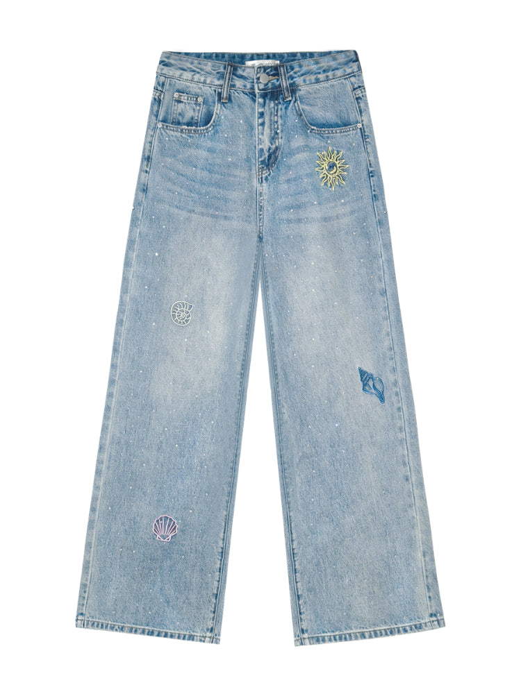 Embroidered Denim Wide-Leg Pants - CHINASQUAD