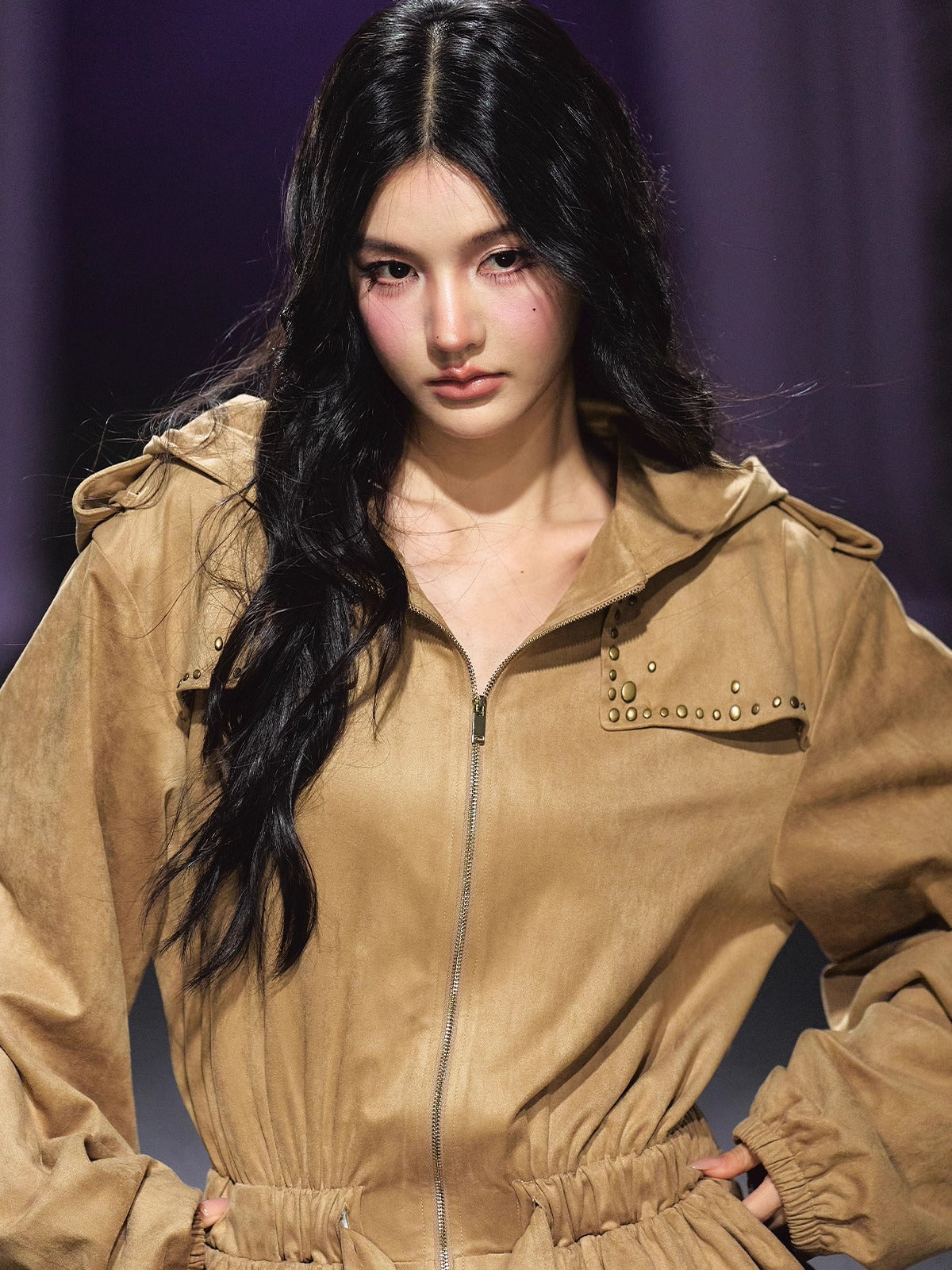 Studded Suede Hooded Trench Coat - CHINASQUAD