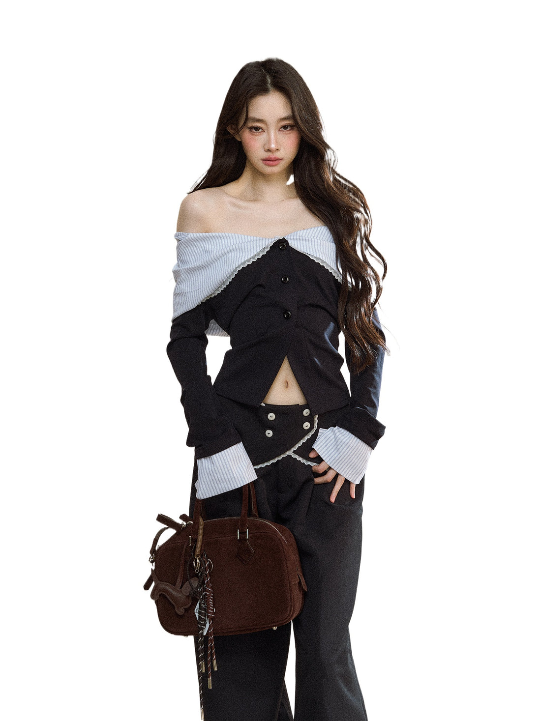 Off-Shoulder Striped Lapel Blouse & Pants Set - CHINASQUAD