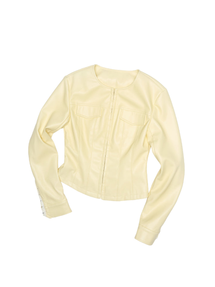 Round Neck Short Leather Jacket - CHINASQUAD