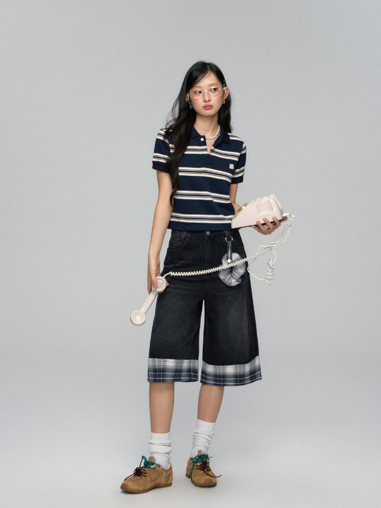 Polo-Collar Striped Color-Blocking T-shirt - CHINASQUAD